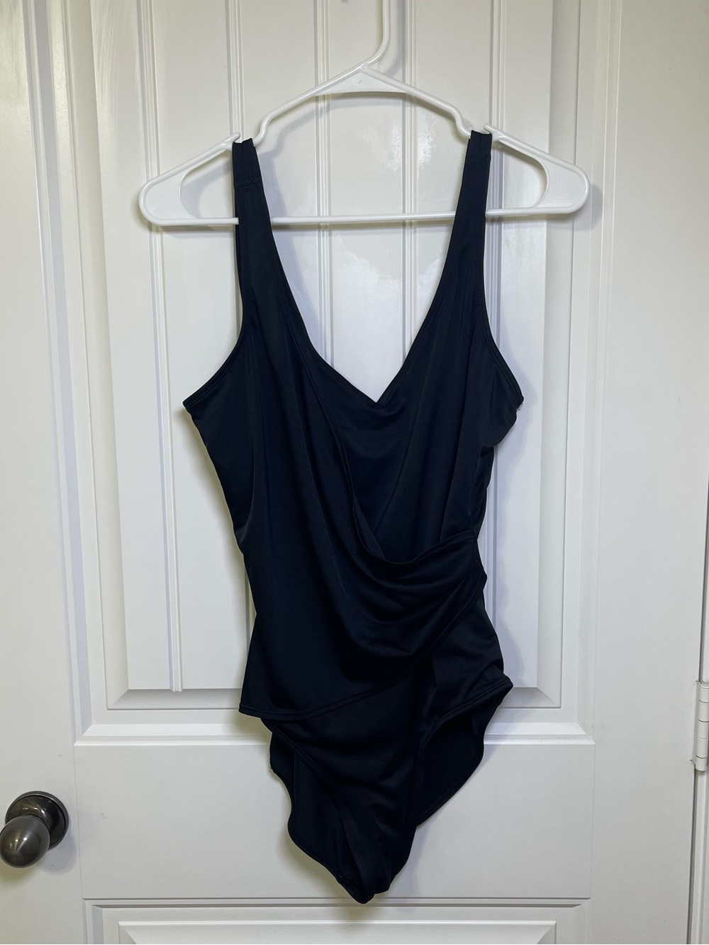 Islander Black Faux Wrap One-Piece Swimsuit Size 14 V-Neck Ruched Tummy Control
